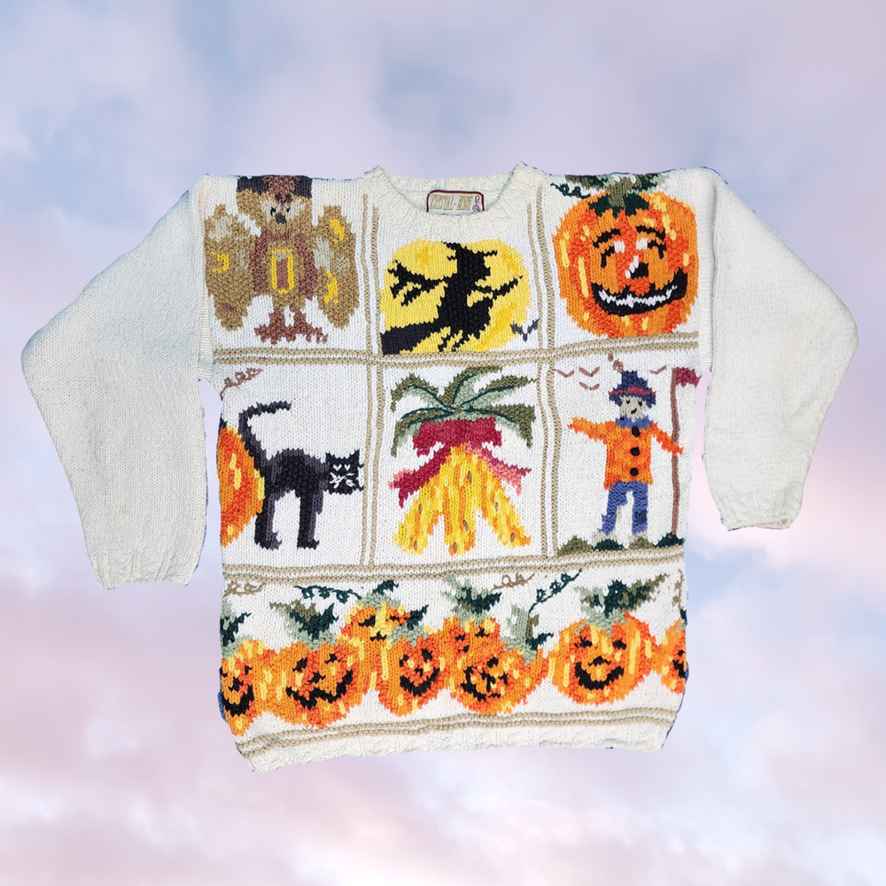 VTG 90s Crystal Kobe Halloween Fall Witch Pumpkin Cat Chunky Knit Sweater M